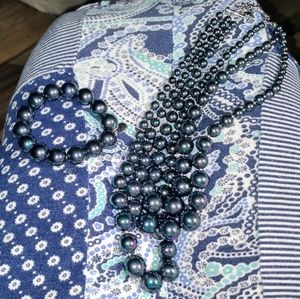 New 3 Strand Faux Black Pearl Necklace & Bracelet